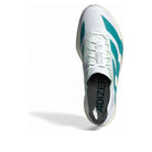 White and green sports shoe with 'Adizero' branding on a white background