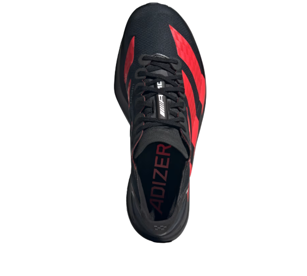 Black and red sports shoe with 'Adizero' branding on a light gray background