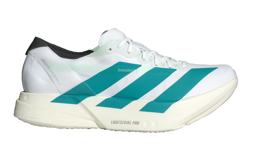 White athletic shoe with blue stripes on a white background