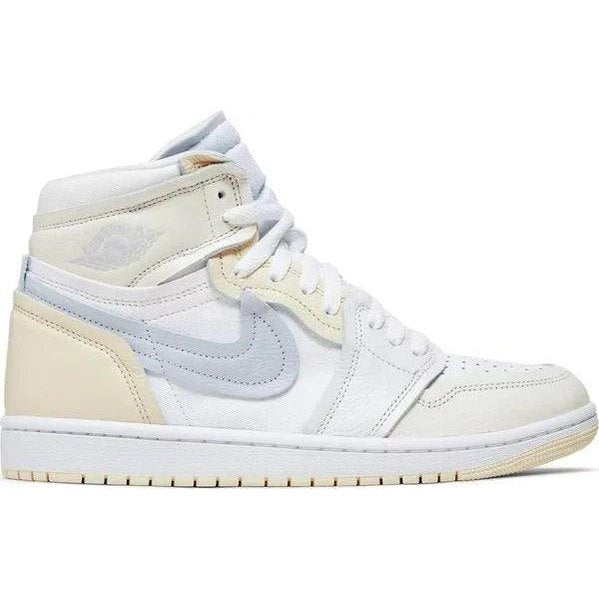 White and cream high-top sneaker with light grey swoosh and layered details, side profile view