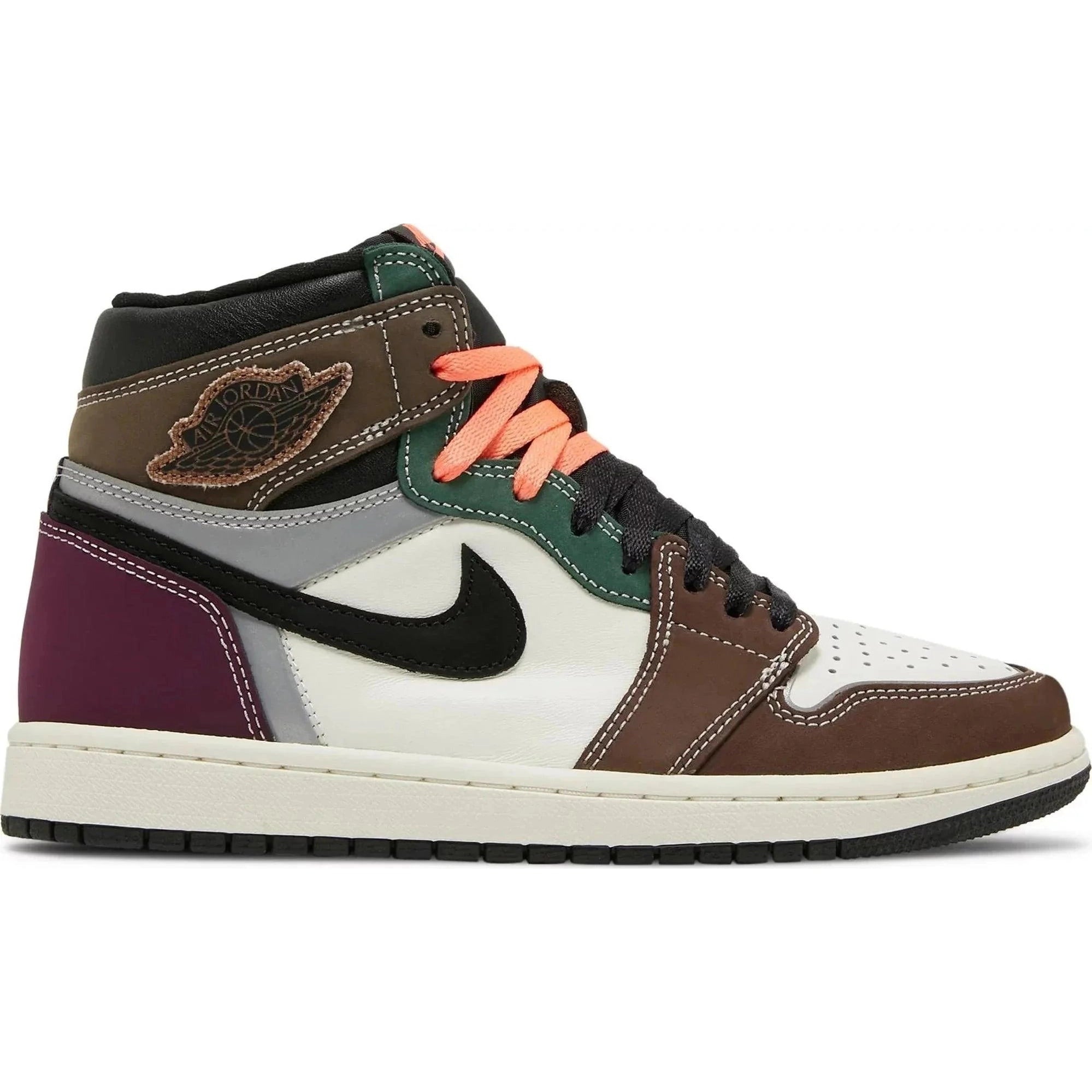 Multicolor Air Jordan 1 High OG Craft sneaker with black swoosh, white toe box, and peach laces