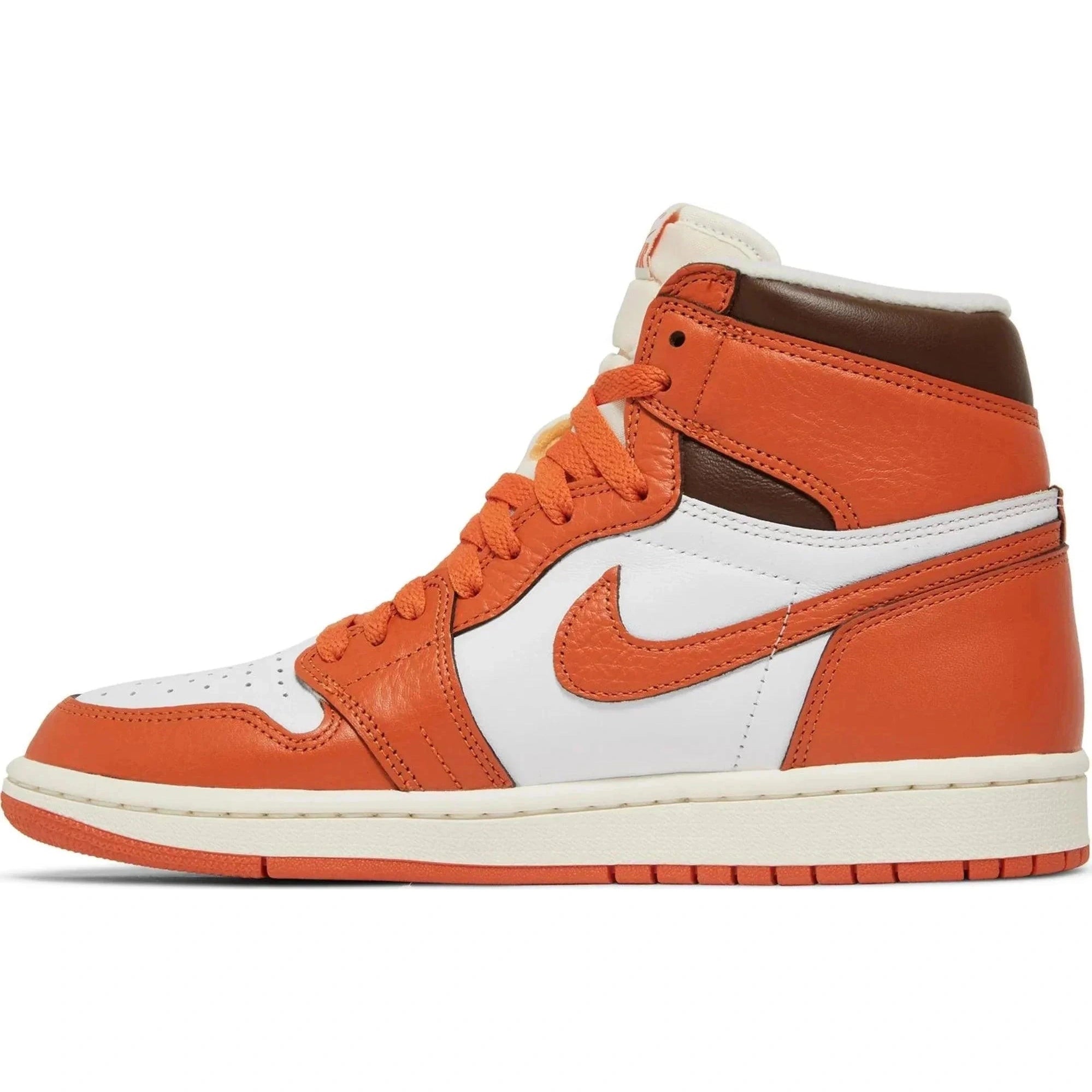 Orange and white high-top sneaker with brown collar, leather upper, and signature swoosh logo.