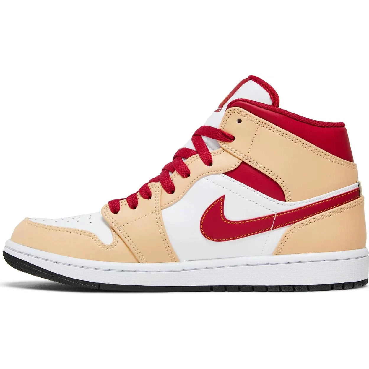Air Jordan 1 Mid sneaker in light curry, white, and cardinal red with black sole