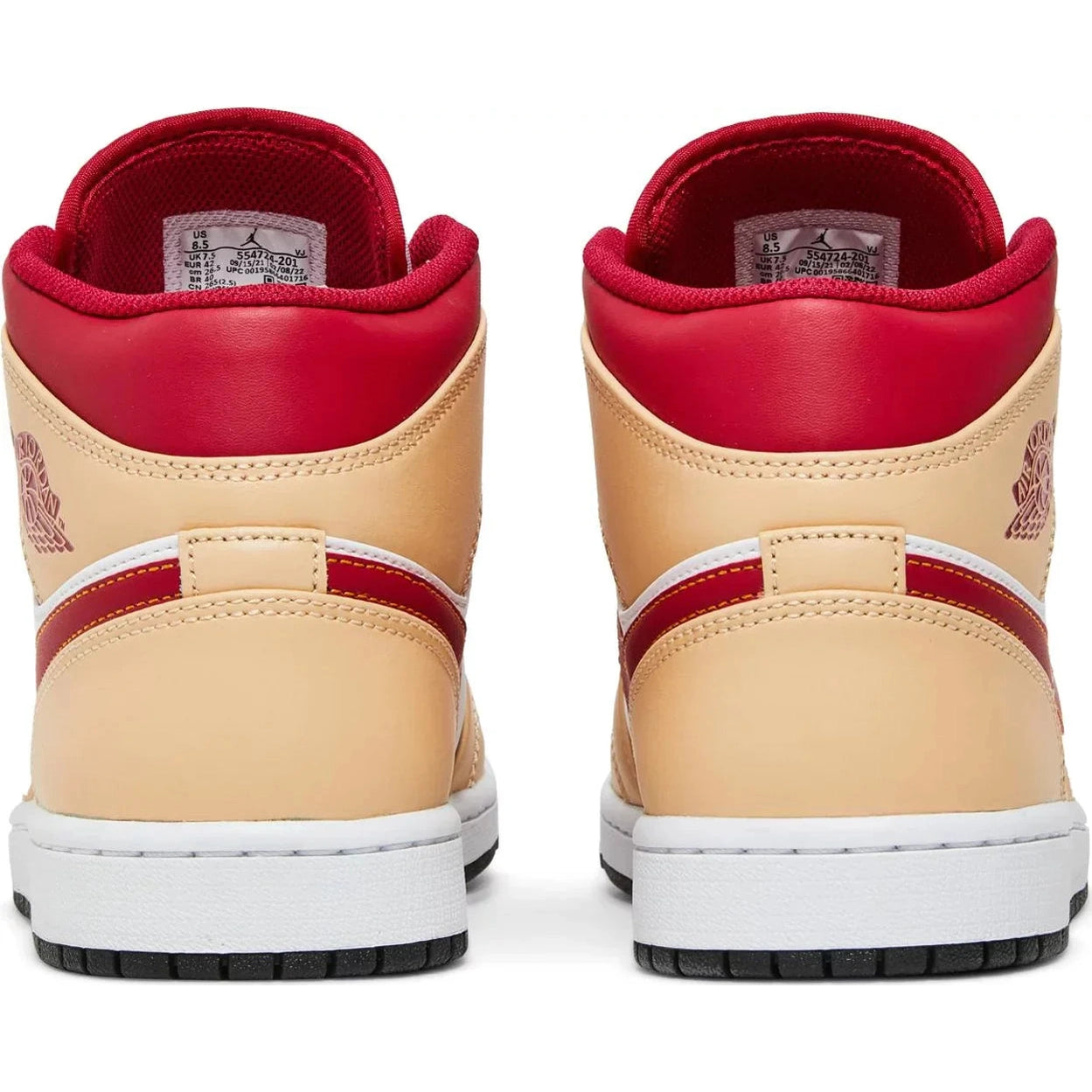 Back view of beige and red Air Jordan 1 Mid sneakers with white midsoles