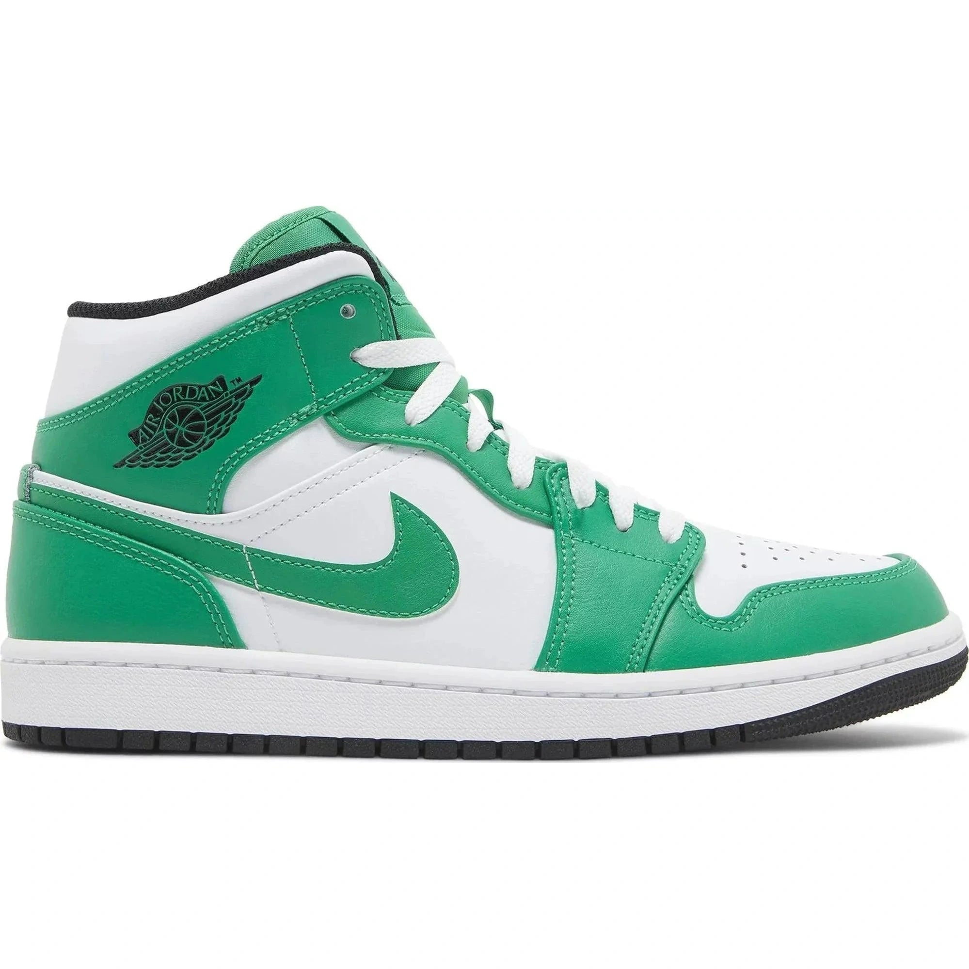 Air Jordan 1 Mid Lucky Green sneaker with white and green leather, black logo, side view