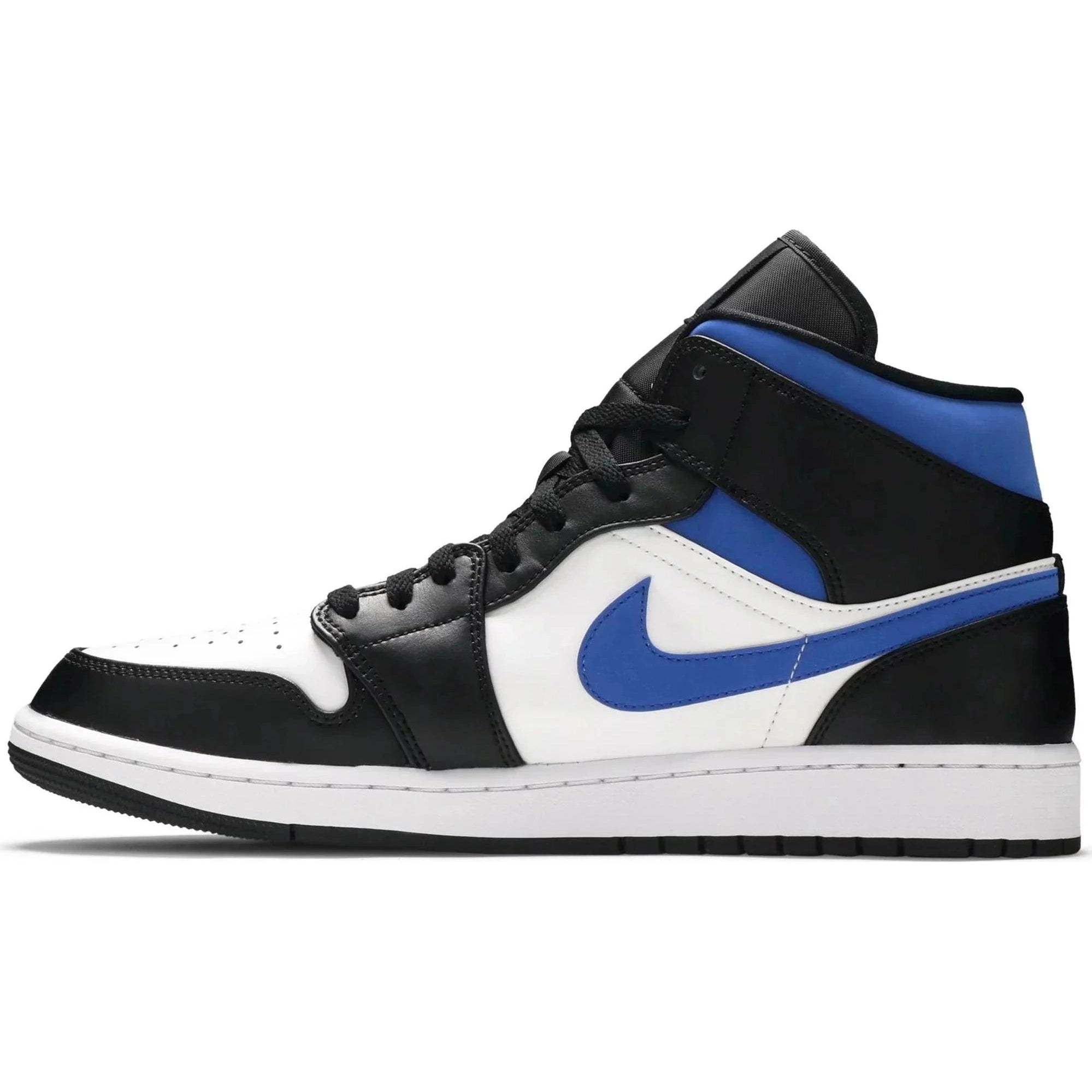 Black, white, and blue Air Jordan 1 Mid sneaker with blue swoosh on a white background