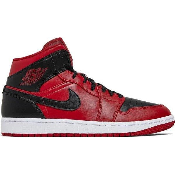 Red and black mid-top sneaker with black swoosh, white sole, and streetwear design accents.