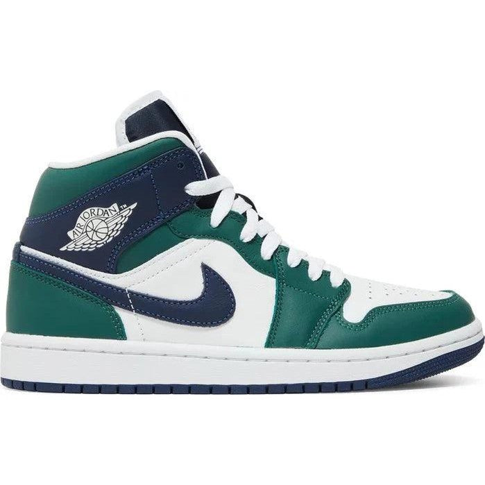 Air Jordan 1 Mid SE sneaker in white, green, and navy leather, side view, streetwear shoe
