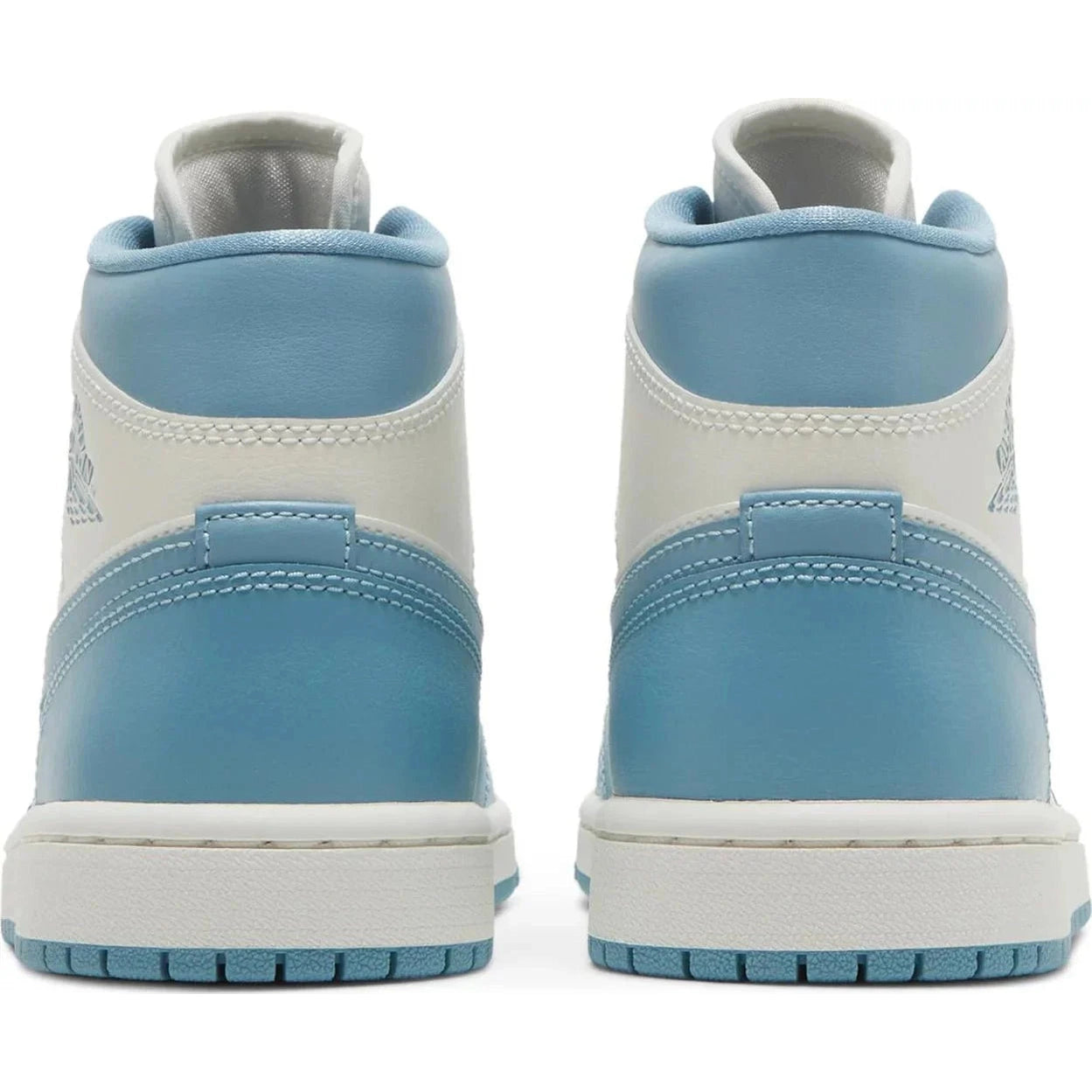 Rear view of Air Jordan 1 Mid sneakers in University Blue and white leather