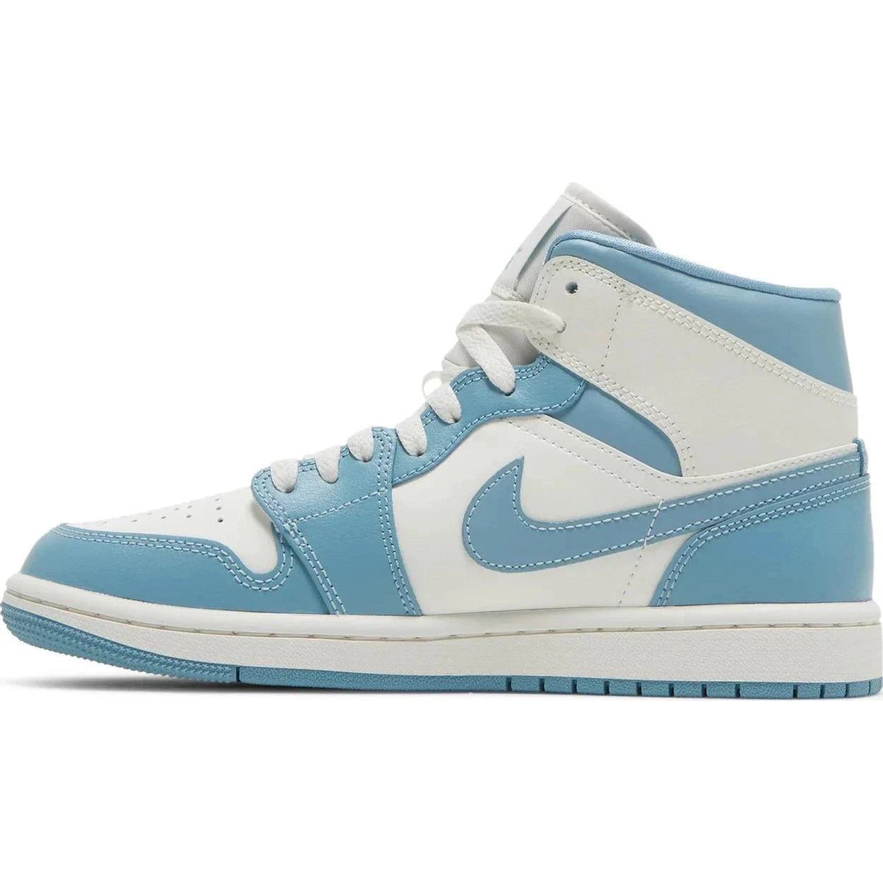 Light blue and white Air Jordan 1 Mid sneaker with leather upper and classic Swoosh logo.