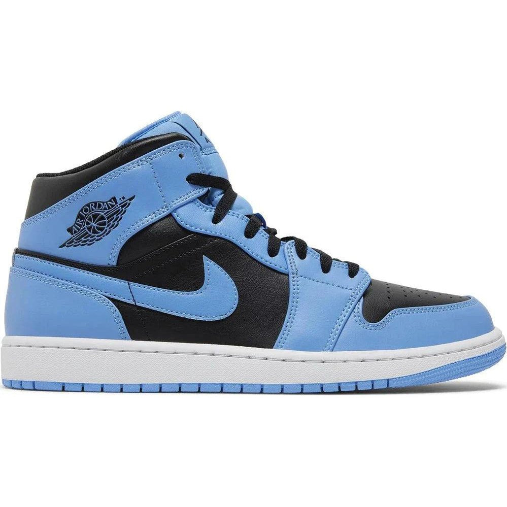 Air Jordan 1 Mid in university blue and black with white sole, side profile view