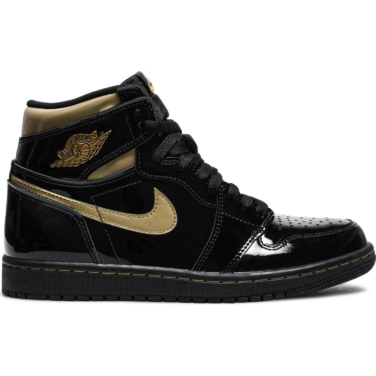 Black and metallic gold high-top sneaker with glossy patent leather, side Swoosh, and wing logo.