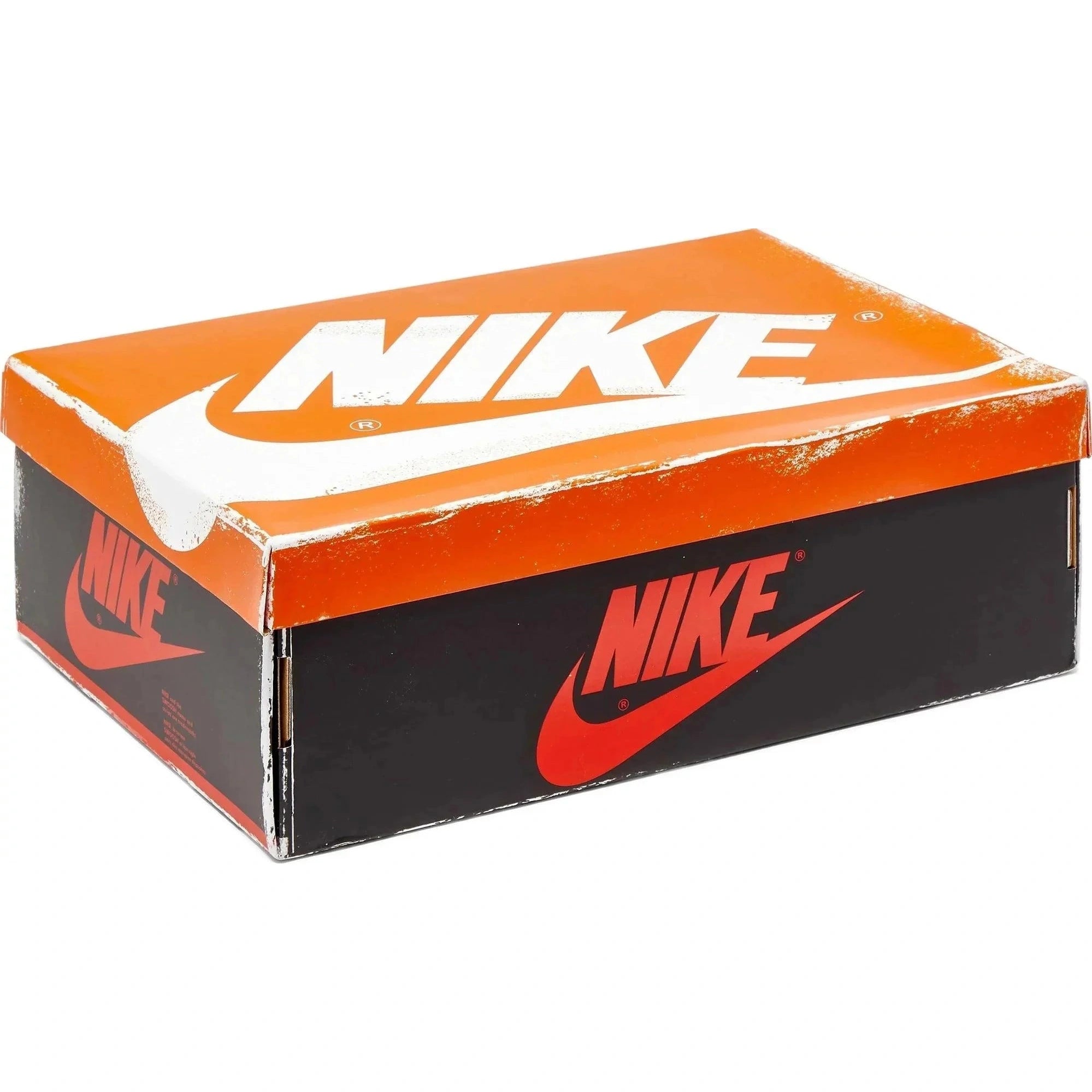 Orange and black Nike sneaker box with large white and red logos, retro style packaging