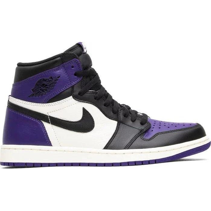 High-top sneaker with black, white, and purple leather panels, featuring a black swoosh.