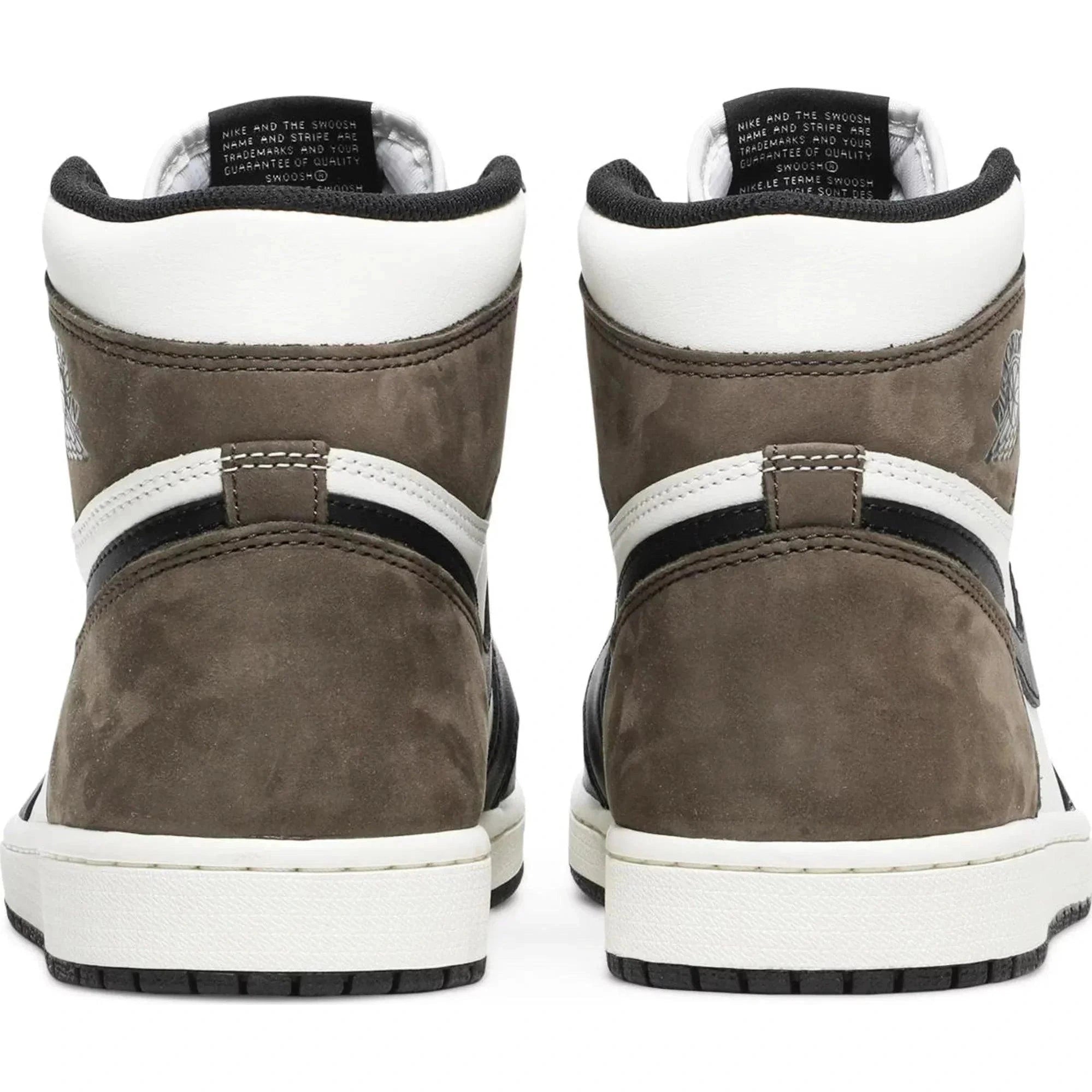 Rear view of Air Jordan 1 Retro High OG Dark Mocha sneakers with brown suede and white accents