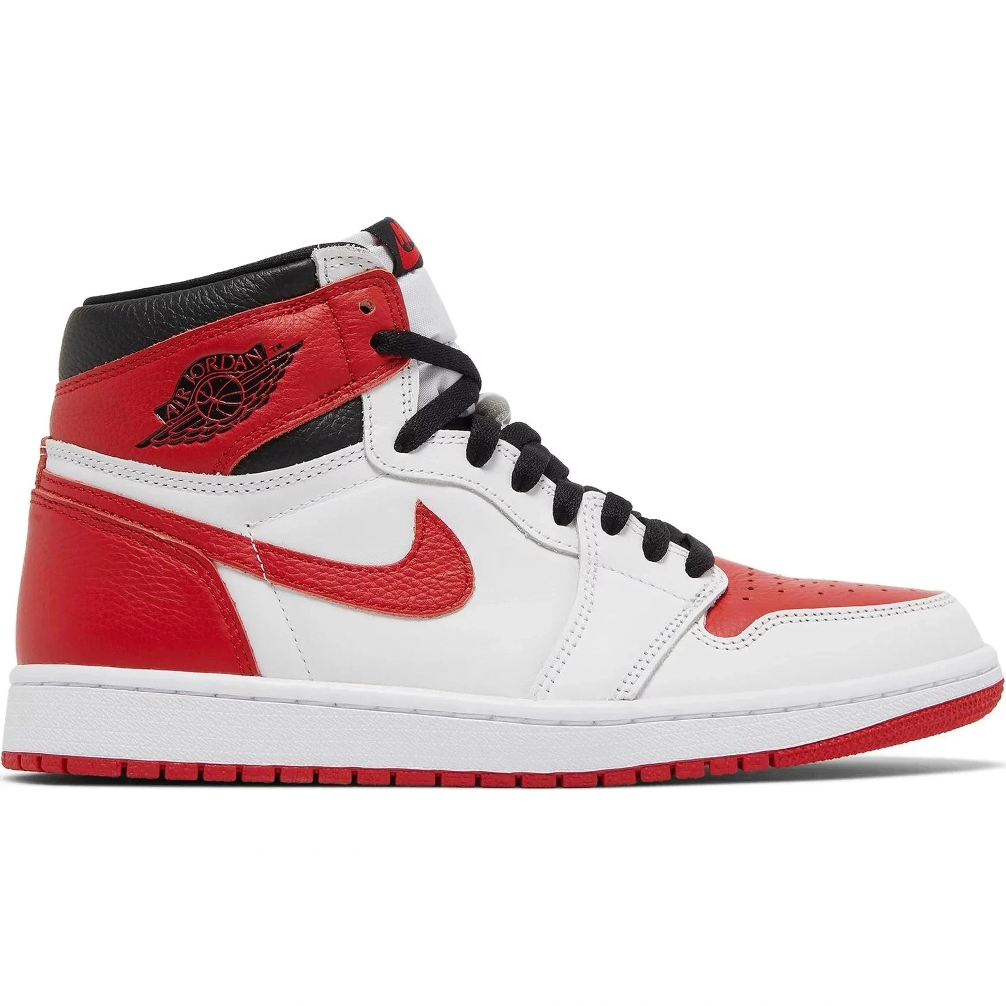 Red, white, and black high-top sneaker with leather upper and signature wing logo