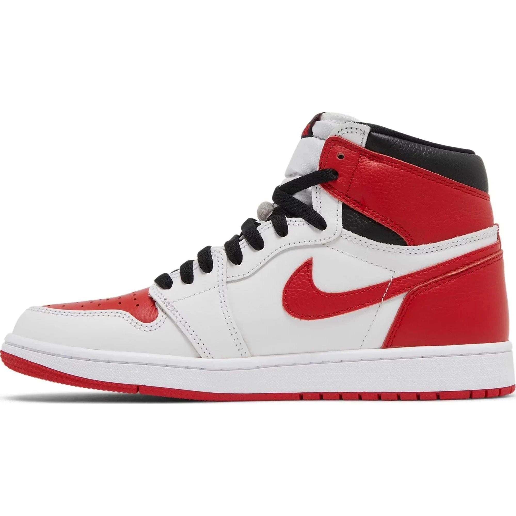 White, red, and black high-top sneaker with red Swoosh and black laces on white background