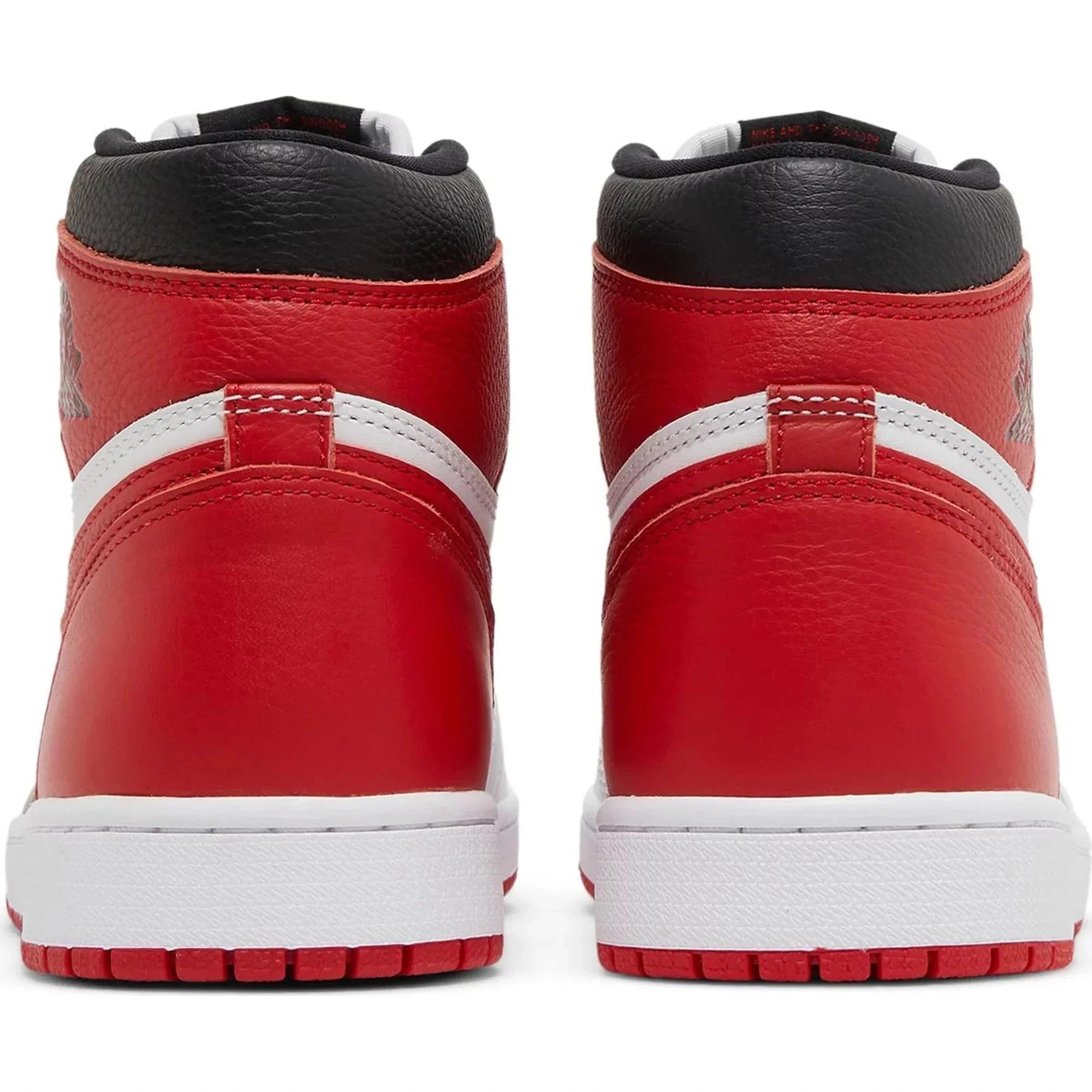 Red, white, and black high-top sneakers viewed from the back, leather streetwear shoes