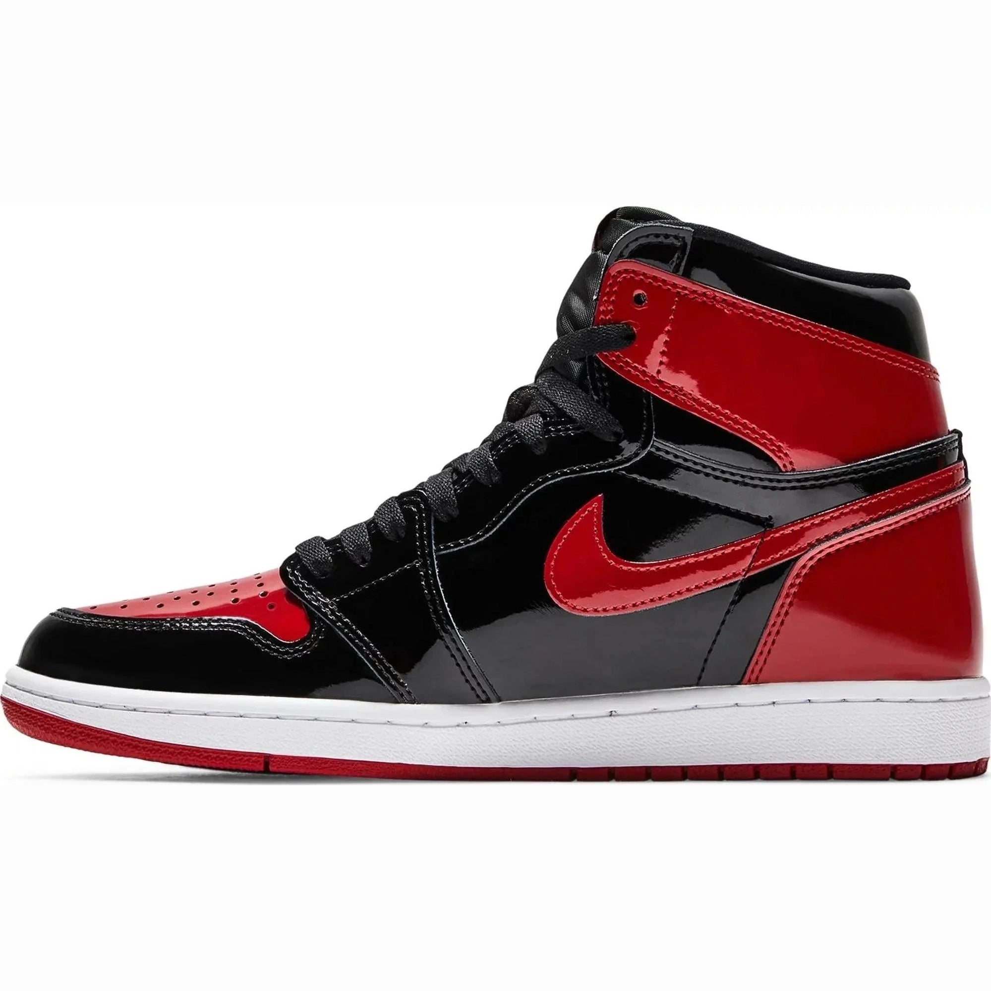 Black and red patent leather high-top sneaker with white midsole and red outsole