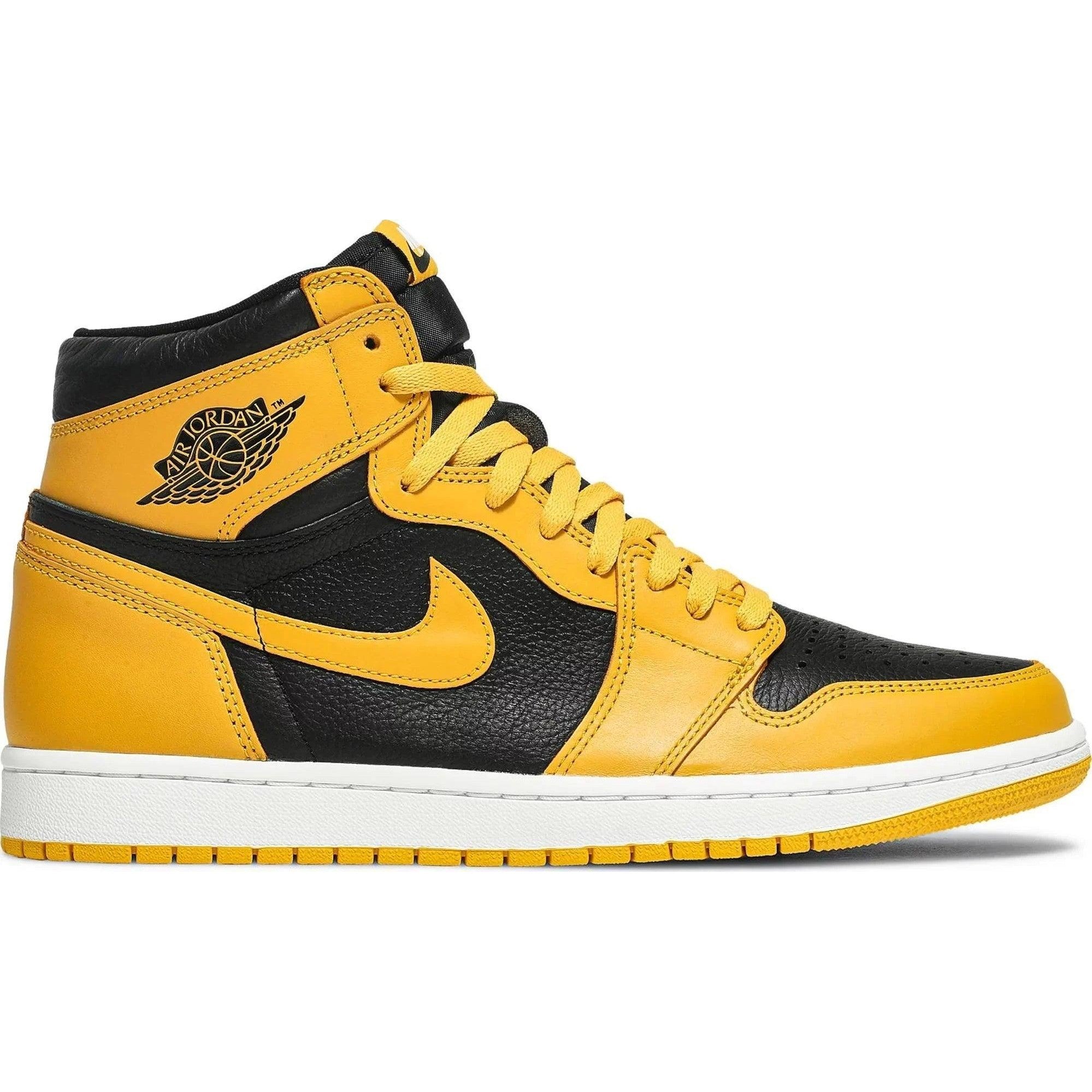 Yellow and black Air Jordan 1 Retro High OG sneaker with white sole on white background