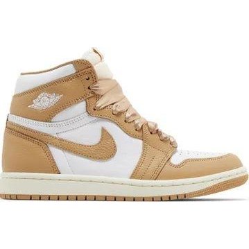 Air Jordan 1 Retro High OG Praline sneaker in tan and white colorway, side view