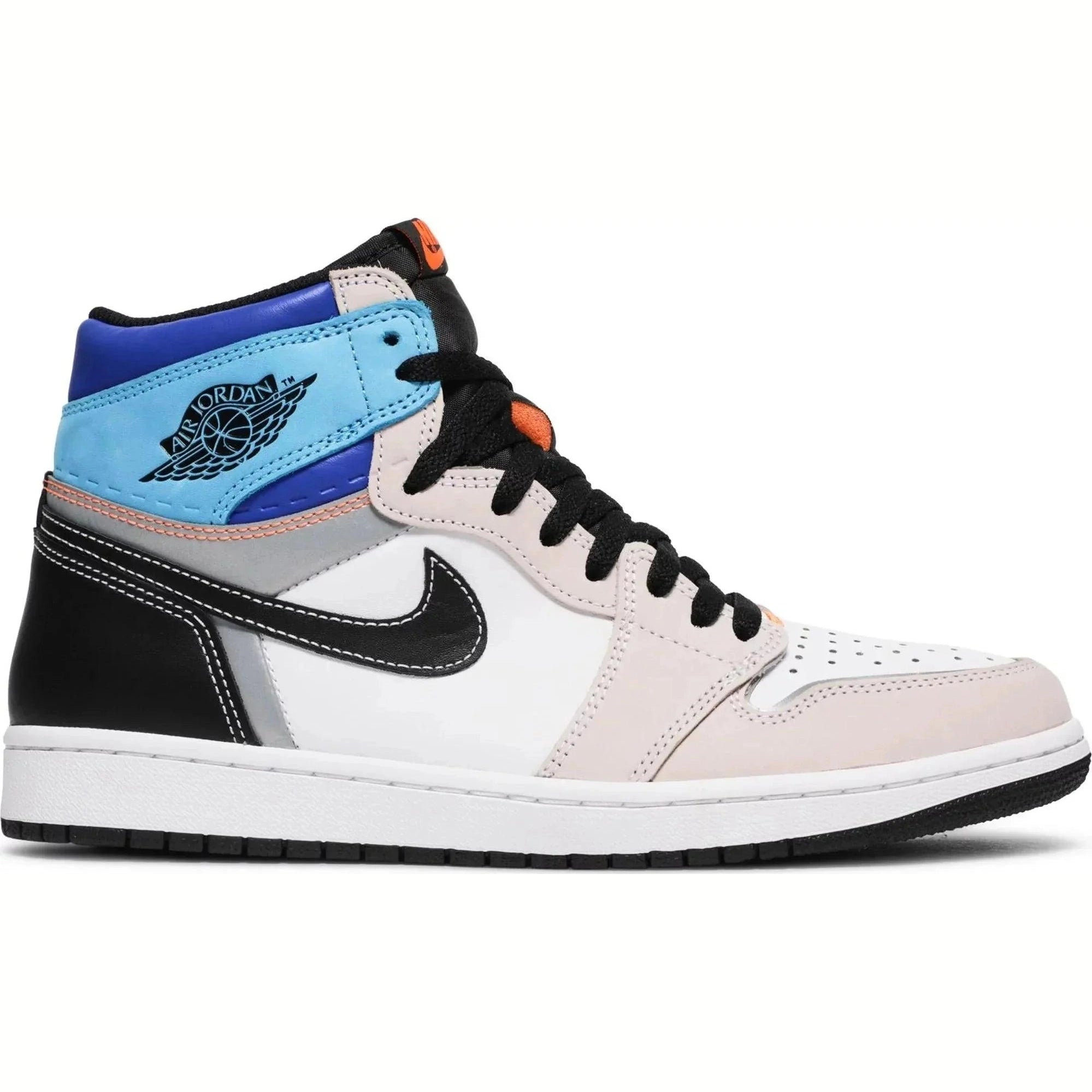 Air Jordan 1 Retro High OG Prototype sneaker with blue, white, black, and grey color blocks