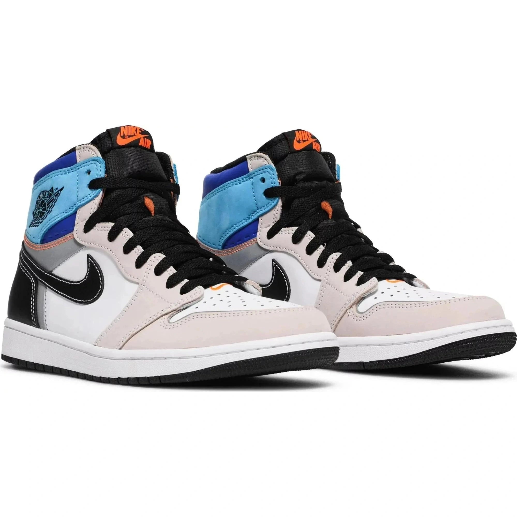 Air Jordan 1 Retro High OG Prototype sneakers in white, black, blue, and orange colorway