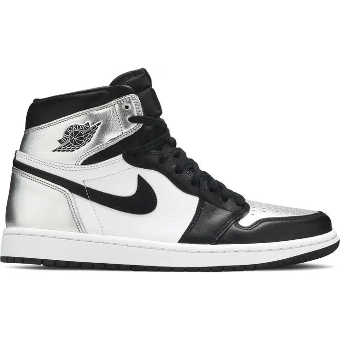 High-top sneaker with metallic silver, black, and white panels, black swoosh, and white sole