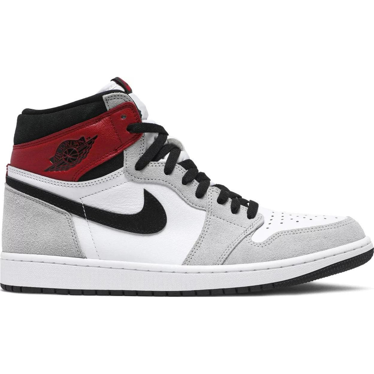 Air Jordan 1 Retro High OG Smoke Grey sneaker with white, grey, red, and black color accents.