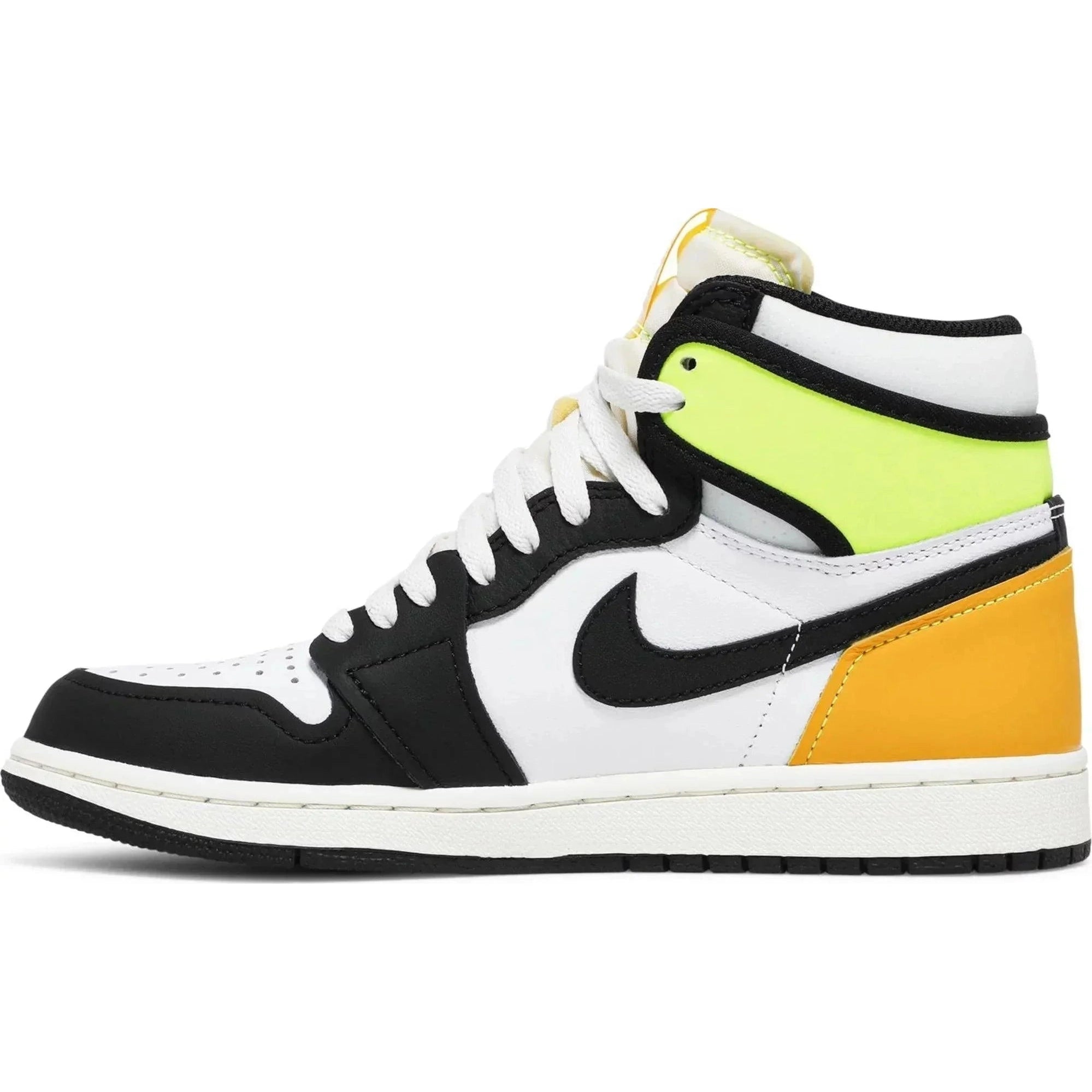 White, black, yellow, and volt high-top sneaker with black swoosh and color-blocked design