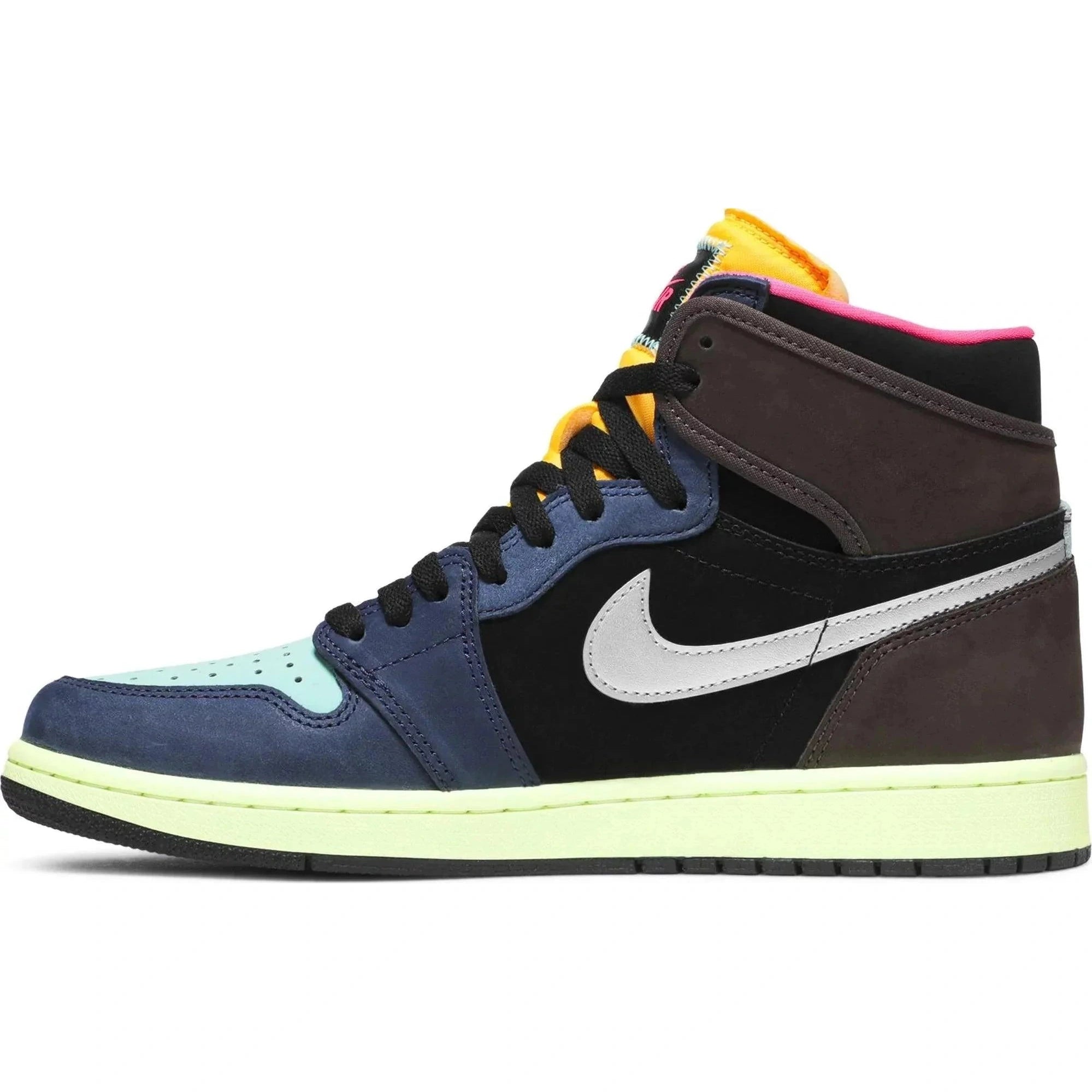 Air Jordan 1 Retro High Tokyo Bio Hack sneaker with multicolor suede panels and silver swoosh