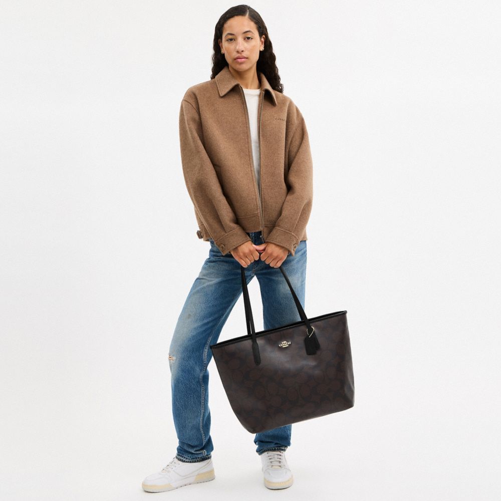 Coach Large City Tote Bag In Maxi Signature Canvas Gold Walnut Black
