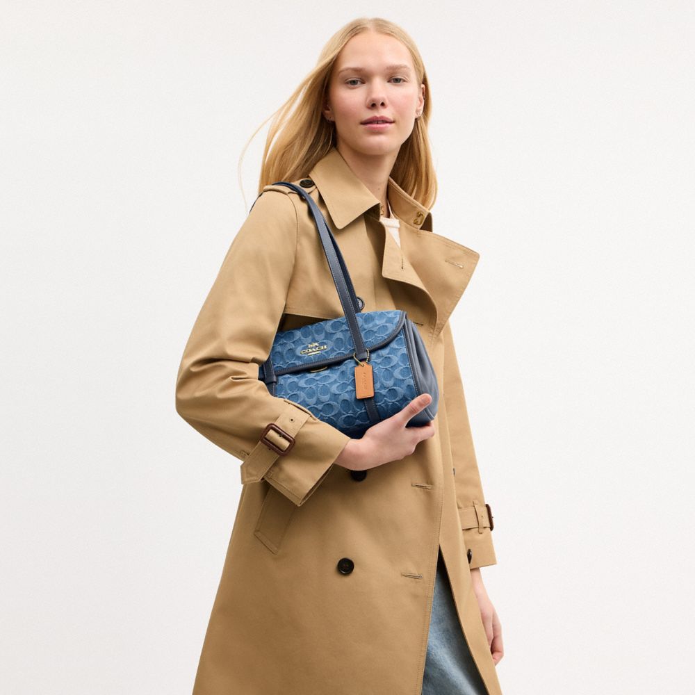 Coach Bridget Flap Shoulder Bag In Signature Denim Gold Indigo