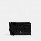 Coach Double Zip Wallet In Signature Denim Silver Black