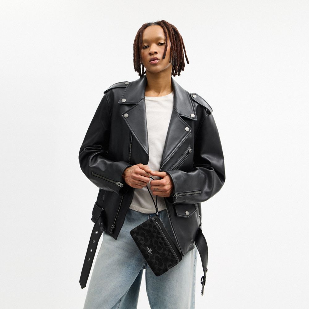 Coach Double Zip Wallet In Signature Denim Silver Black