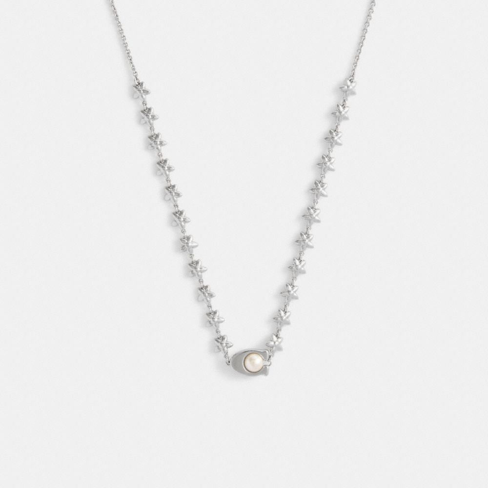 Coach Wildflower Chain Signature Necklace Silver Pearl