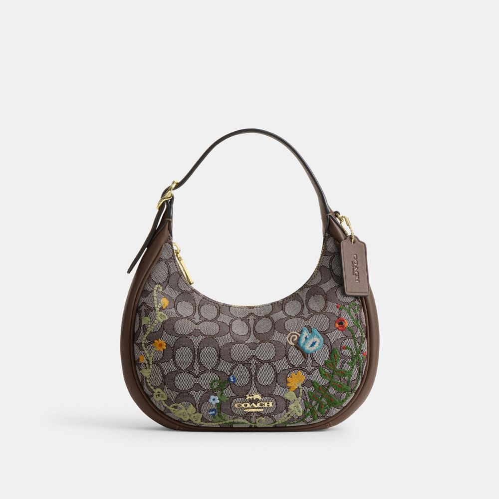 Coach Emily Shoulder Bag In Signature Jacquard With Floral Embroidery Gold Oak Multi