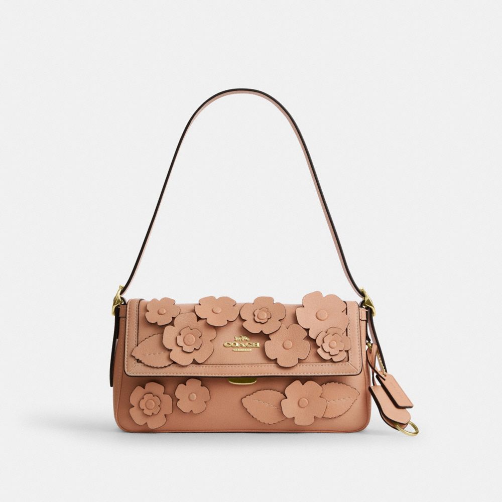 Coach Etta Small Flap Shoulder Bag With Floral Applique Gold Light
