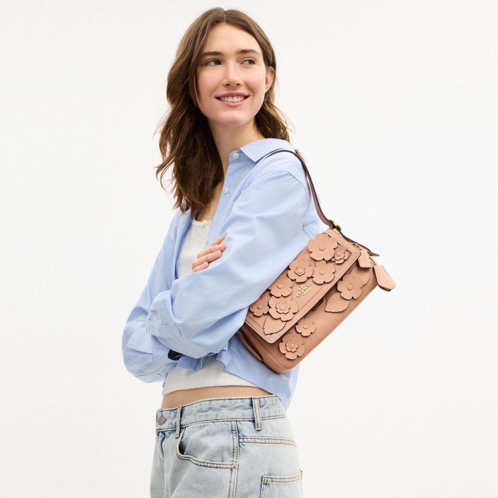Coach Etta Small Flap Shoulder Bag With Floral Applique Gold Light