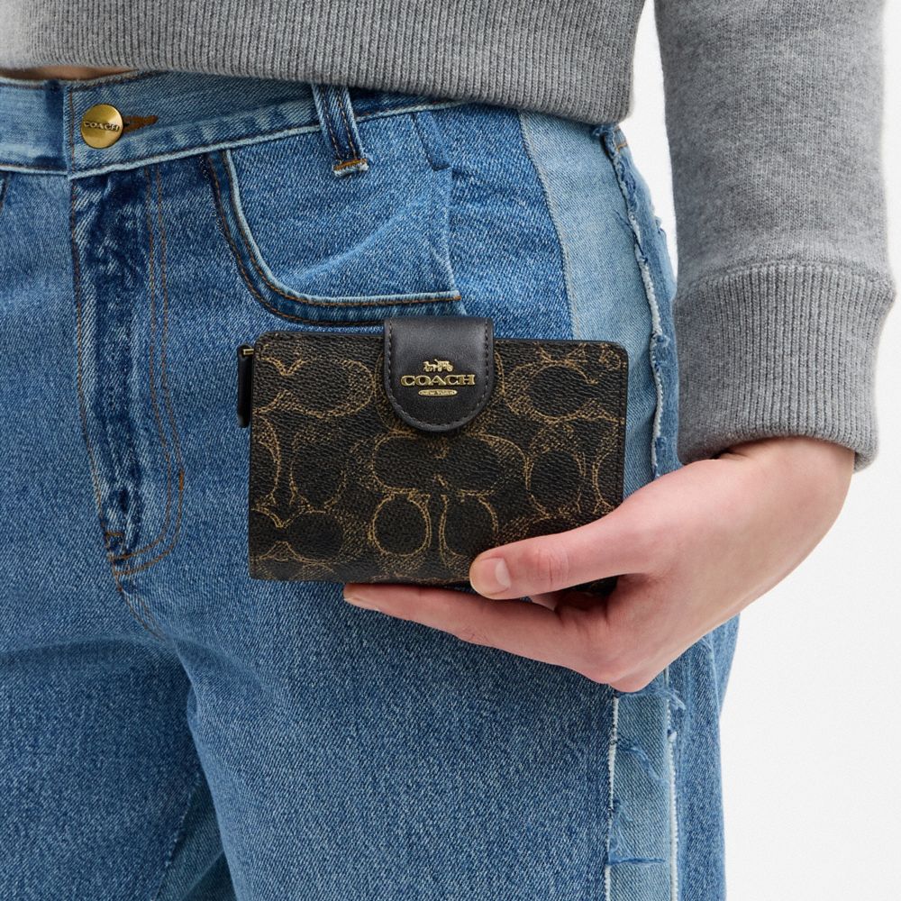 Coach Medium Corner Zip Wallet In Loved Signature Canvas Gold Brown