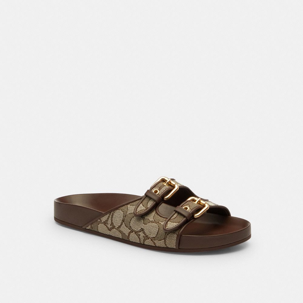 Women's Coach Two Band Buckle Sandal In Signature Jacquard Oak Maple