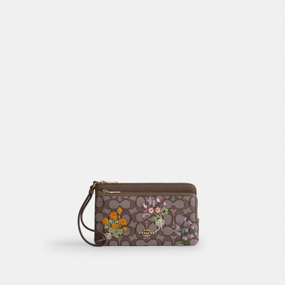 Coach Double Zip Wristlet In Signature Jacquard With Floral Embroidery Gold Oak Multi