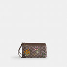 Coach Double Zip Wristlet In Signature Jacquard With Floral Embroidery Gold Oak Multi