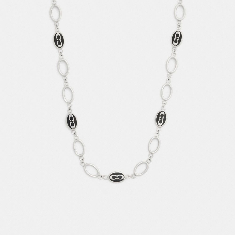 Coach Signature Link Enamel Chain Necklace Silver Black