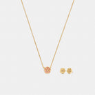 Coach Enamel Tea Rose Earrings And Necklace Set Gold Pink