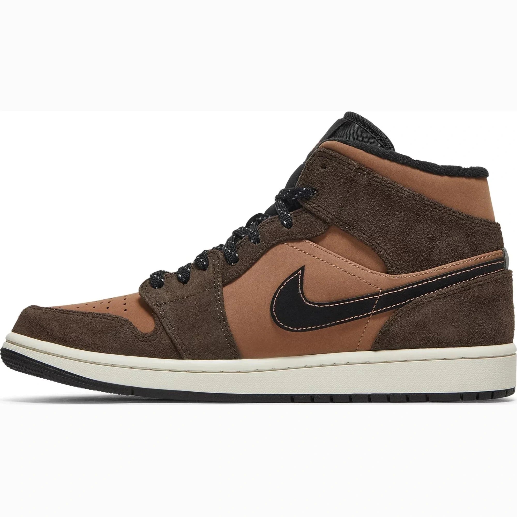 Brown and black suede mid-top sneaker with black swoosh and white sole, side view