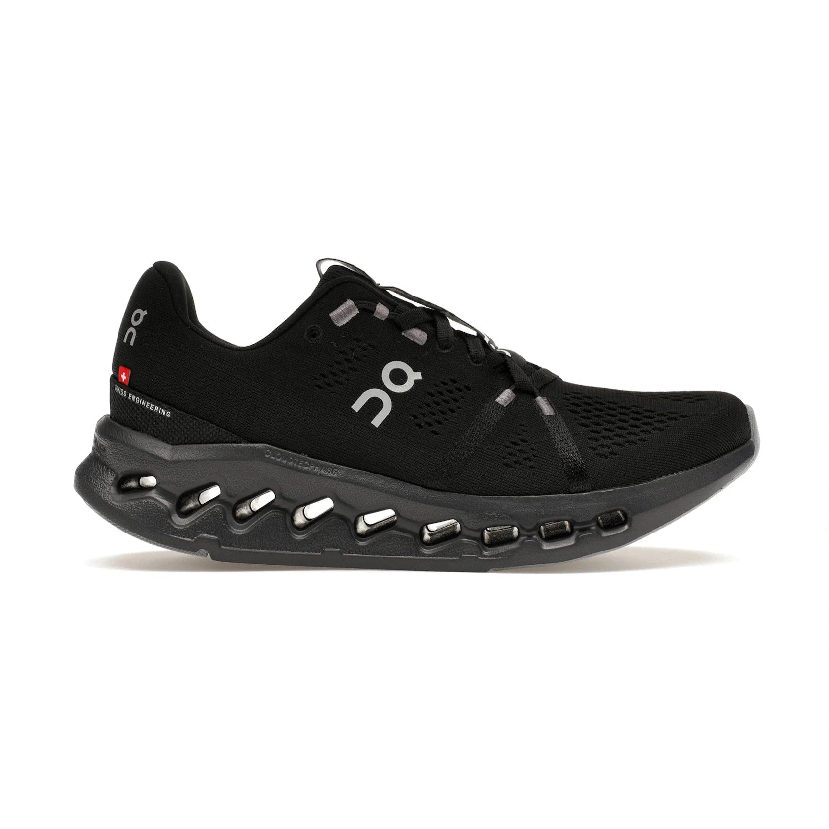 All black athletic sneaker with mesh upper and distinctive cushioned sole, side logo visible