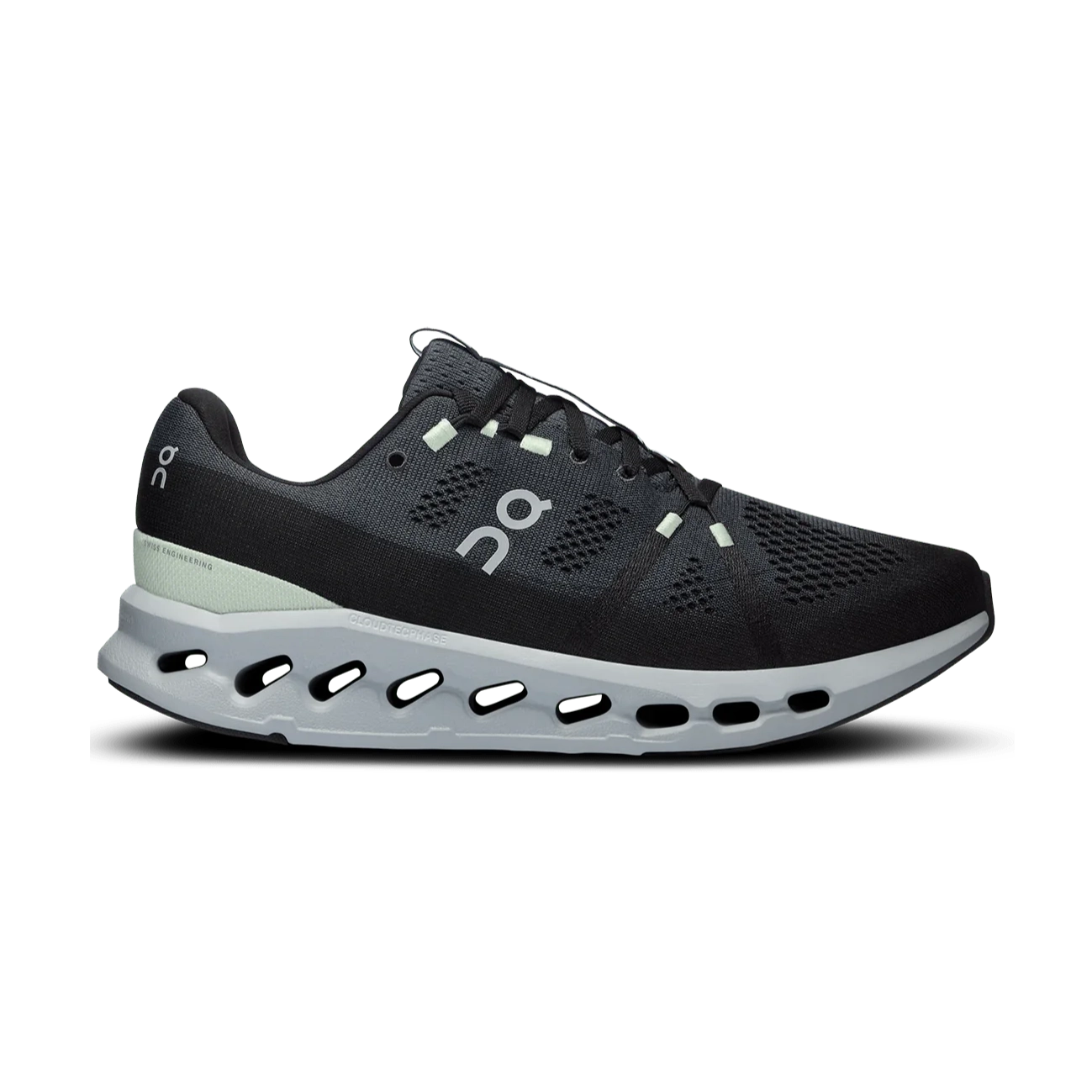 Men's black and grey running sneaker with mesh upper and cushioned perforated sole