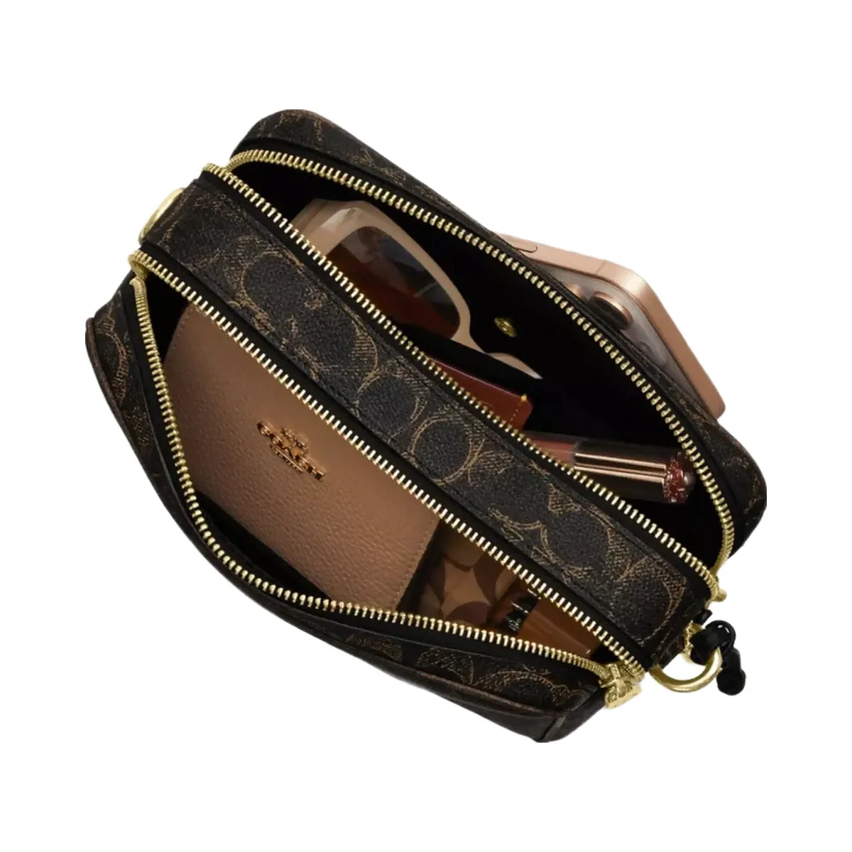 Coach Carey Crossbody Bag In Loved Signature Canvas With Charms in Gold Brown