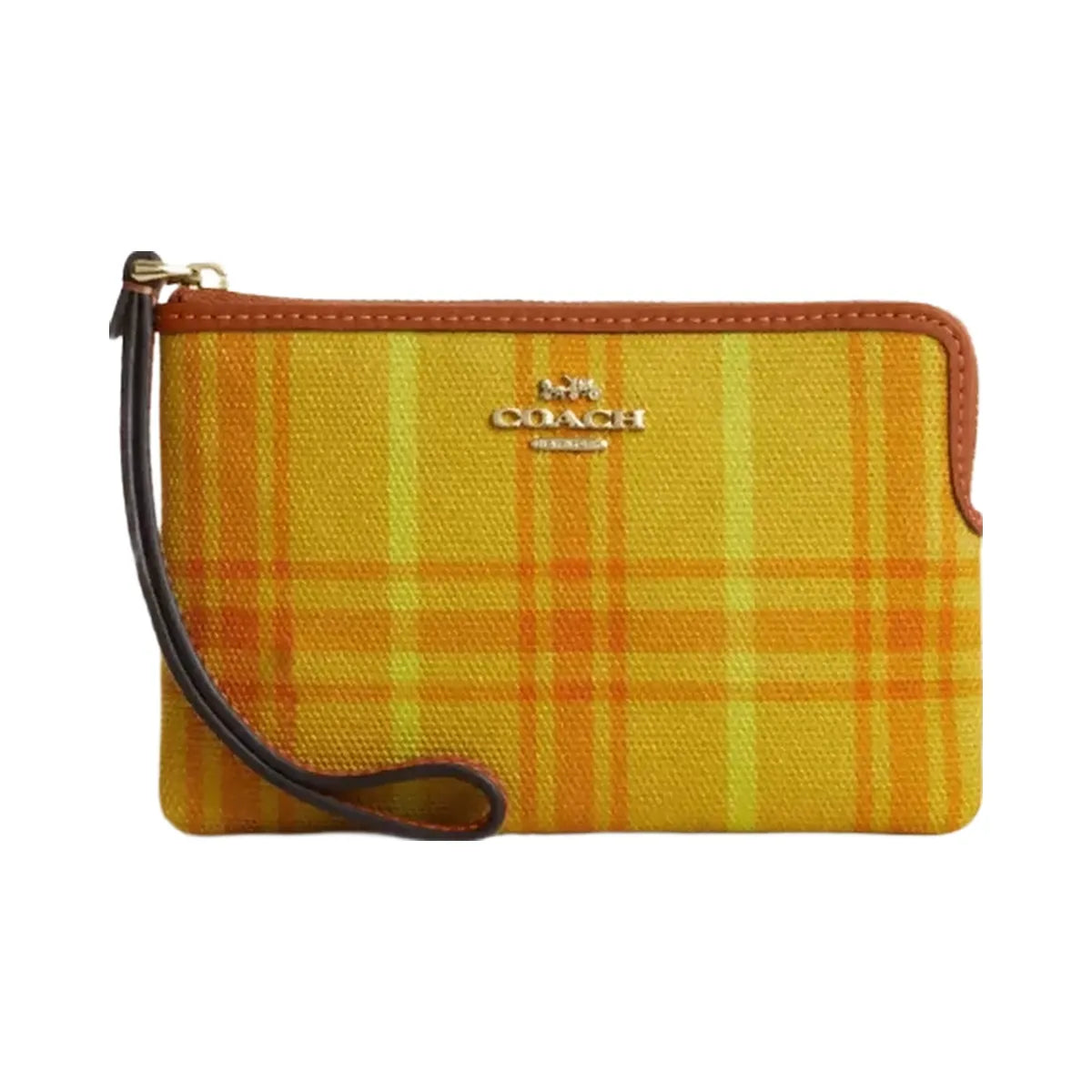 Coach Corner Zip Wristlet In Regenerative Cotton With Plaid Print in Gold Burnished Amber